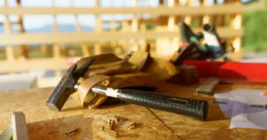 Martillo, guantes de trabajo, tornillos y otras herramientas sobre un tablero de madera frente a la estructura de una casa en construcción