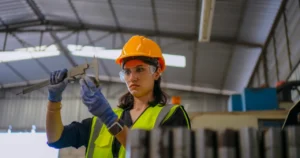 Trabajadora con casco naranja, gafas de seguridad, guantes y chaleco reflectante que mide una pieza con un calibre dentro de una planta industrial